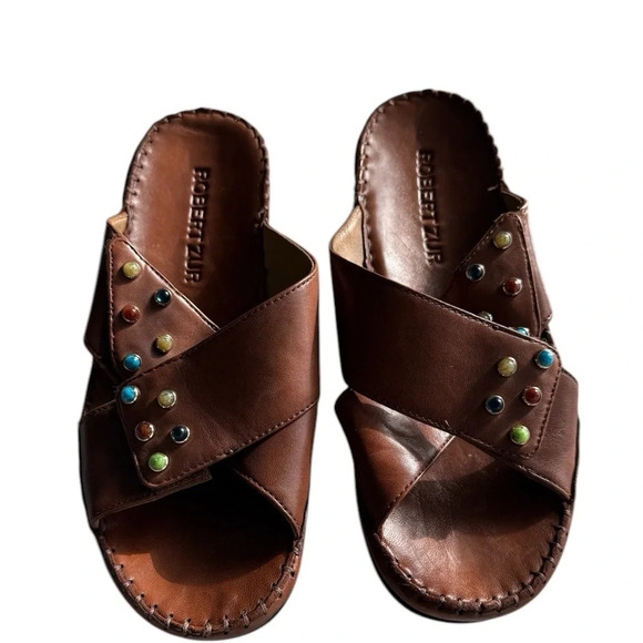Robert Zur Sandals Woven Brown Leather Slide Sandals Size 9 - Picture 9 of 9